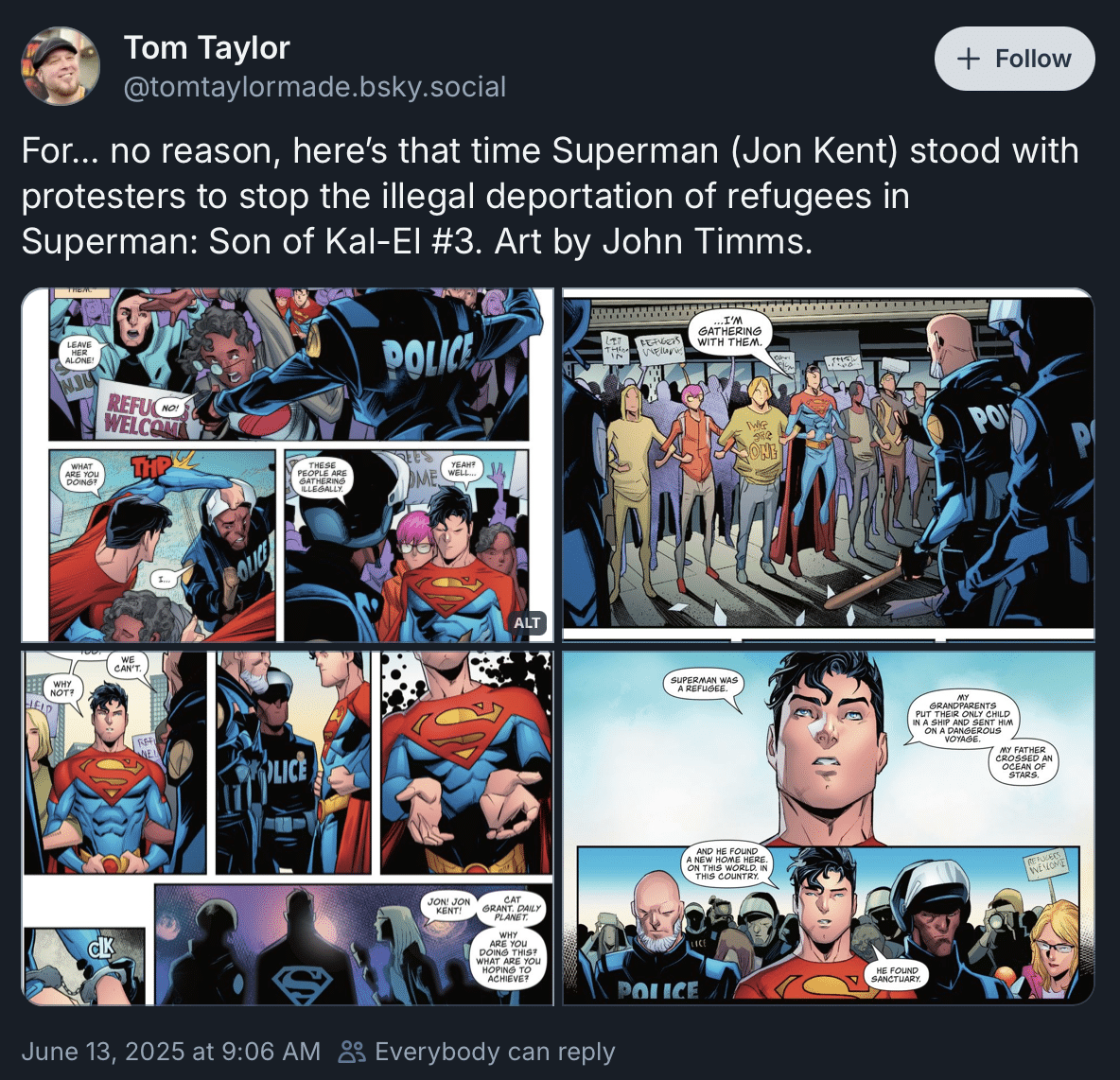 Tom Taylor Superman post on Bluesky